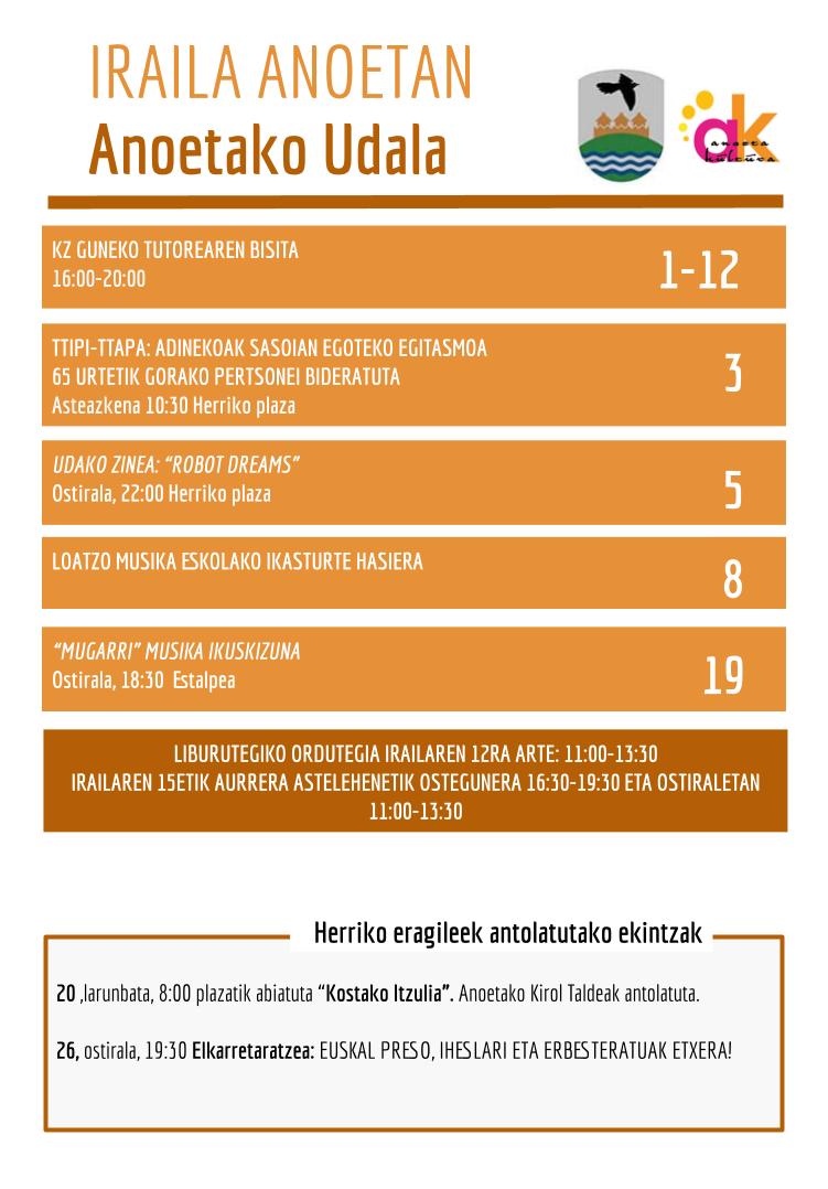 Irailaren 1etik 26ra  bitartean, hainbat ekimen antolatu dira Anoetan, bai Udalak, baiherriko eragileek antolatuta