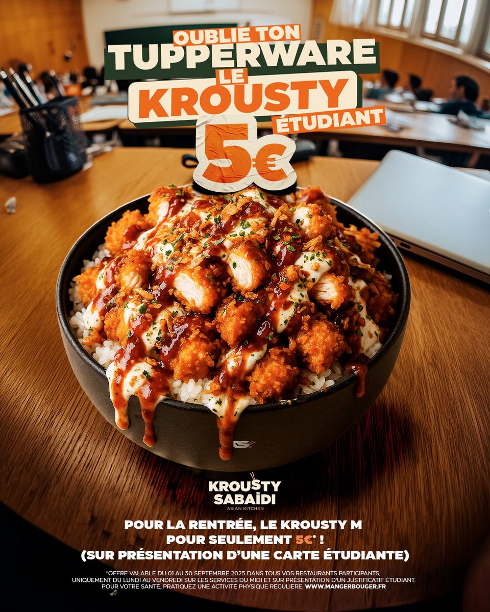 Krousty Sabaïdi (@kroustysabaidi) on Twitter photo LE KROUSTY À 5€ ! 🔥🤩
Sur présentation de ta carte étudiante ou carnet de liaison 🎓
Offre valable tout le mois de septembre 🎉 LE KROUSTY À 5€ ! 🔥🤩
Sur présentation de ta carte étudiante ou carnet de liaison 🎓
Offre valable tout le mois de septembre 🎉