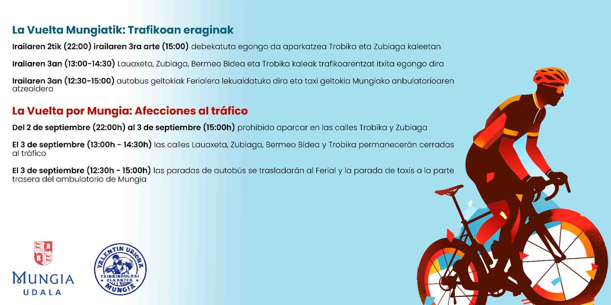 GOGORATU!!! Trafikoan eraginak La Vuelta dela eta🚴‍♂️
--
¡¡¡RECORDAD!!! Afecciones al tráfico con motivo de La Vuelta 🚴‍♂️