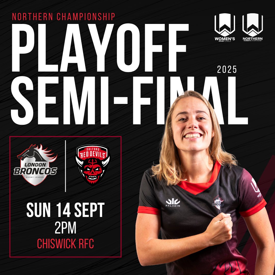 🚨 Playoff Confirmed! 🚨

London Broncos will host <a href="/SalfordDevils/">Salford Red Devils 👹</a> for the Semi-Final!💥

🆚 Salford Red Devils
📅 14 September
⏰ 2PM
📍 Chiswick RFC

With a place in the final at stake, we need YOU in the stands to get behind the Broncos!!

#WeAreLondon 🐴