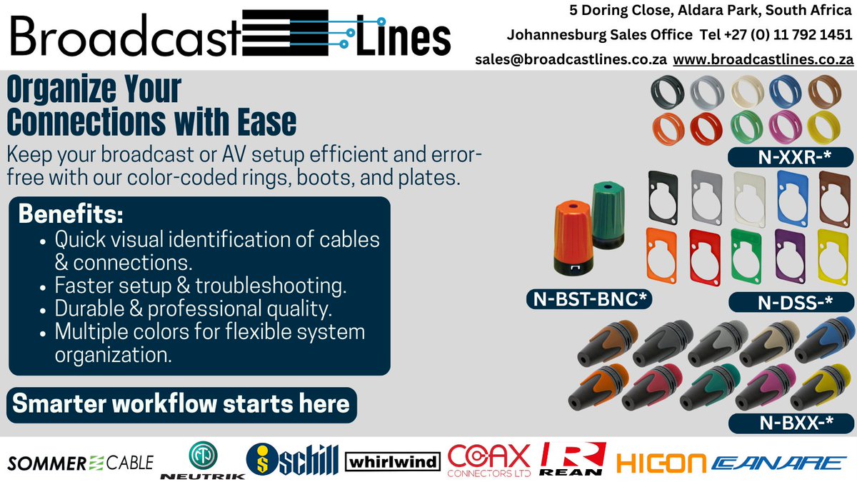 broadcast_lines's tweet image. Stay organized. Work faster. 
Our color-coded rings, boots &amp;amp; plates make cable ID simple, reduce errors &amp;amp; keep your patch bays neat.
Smarter workflow starts here.
#ProAV #ProAVSolutions #ConnectorSolutions #cableconnector #AVSetup