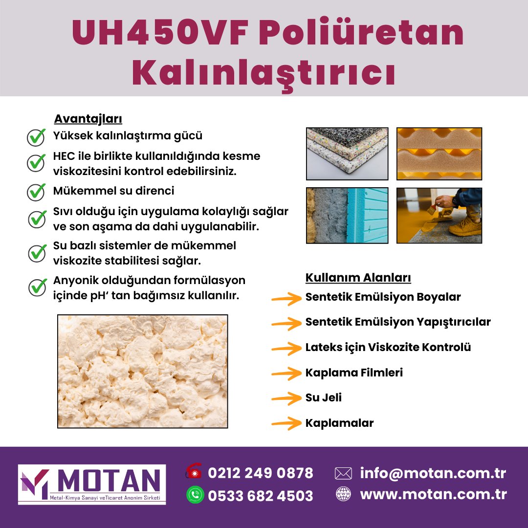 UH450VF #Poliüretan #Kalınlaştırıcı

✔Sentetik Emülsiyon Boyalar
✔Sentetik Emülsiyon Yapıştırıcılar
✔Lateks için Viskozite Kontrolü
✔Kaplama Filmleri
✔#SuJeli
✔Kaplamalar

✆0533 682 4503  🖂info@motan.com.tr
#MotanKimya #Emülsiyon #Boya #Yapıştırıcı #Lateks #Kaplama #Film