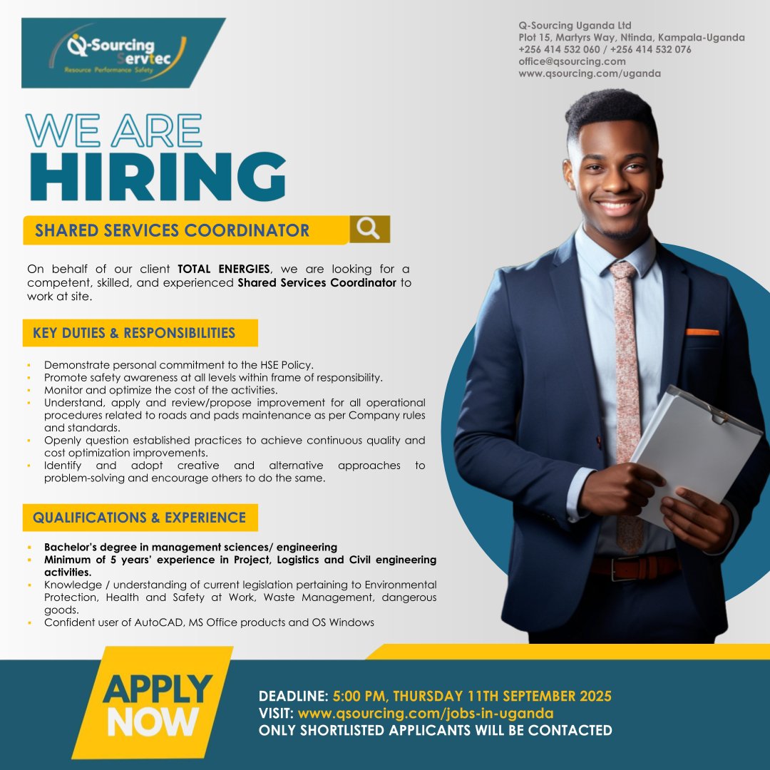 Q-Sourcing Servtec Uganda 🇺🇬 (@qsluganda) on Twitter photo 🎯 EXPERIENCED PROFESSIONALS WANTED!
Oil & gas background? Contract management experience? <a href="/TotalEnergiesUG/">TotalEnergies Uganda</a> has TWO roles perfect for you:
☑️National Content Coordinator
☑️Shared Services Coordinator
Apply: qsourcing.com/uganda 🎯 EXPERIENCED PROFESSIONALS WANTED!
Oil & gas background? Contract management experience? <a href="/TotalEnergiesUG/">TotalEnergies Uganda</a> has TWO roles perfect for you:
☑️National Content Coordinator
☑️Shared Services Coordinator
Apply: qsourcing.com/uganda