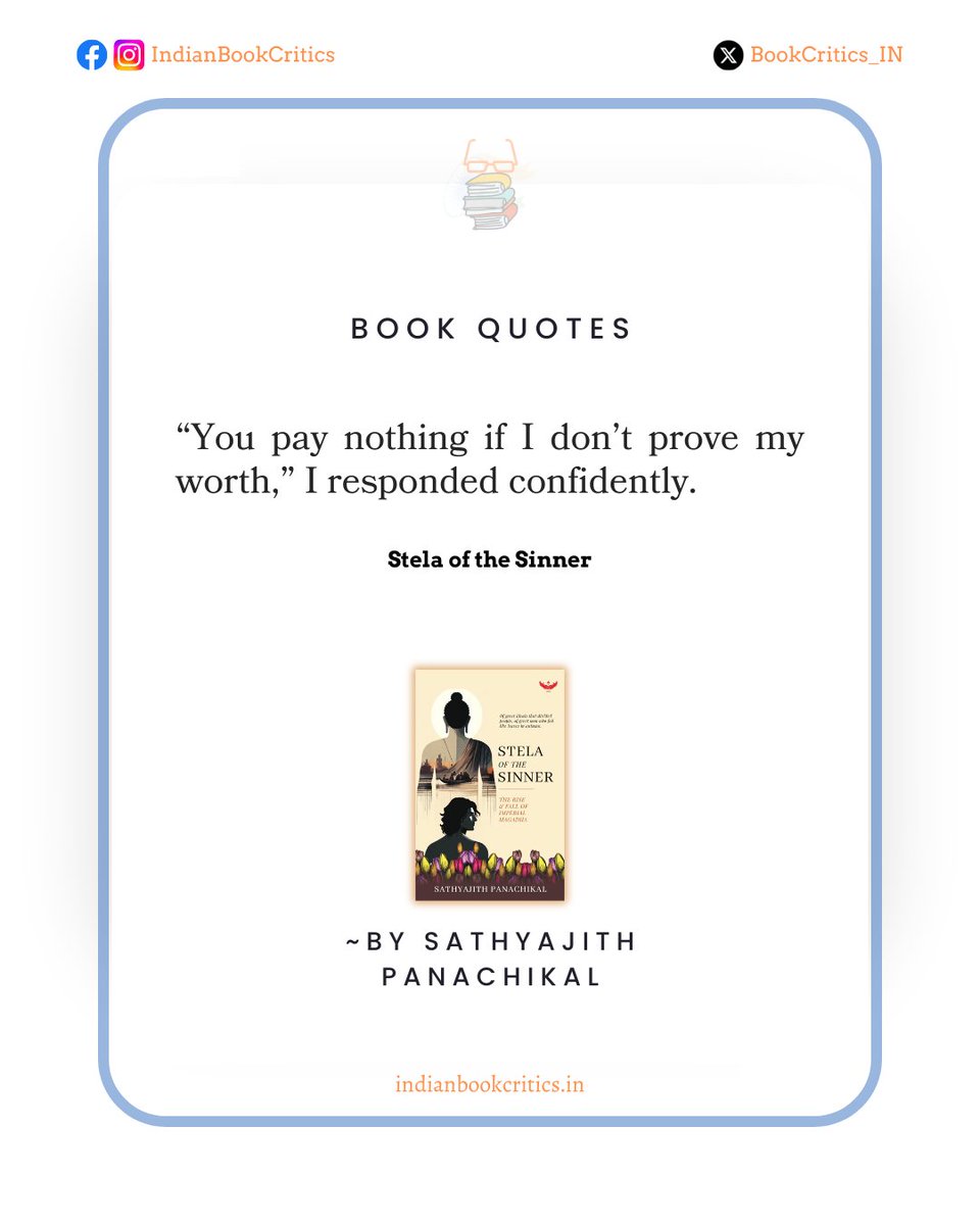 #BookQuotes

“You pay nothing if I don’t prove my worth,” I responded confidently.

~ Sathyajith Panachikal
(from Stela of the Sinner)

Read this historical novel from the perspective of Jivaka, a legendary healer who witnessed the rise and fall of the Magadha Empire.

#Reading