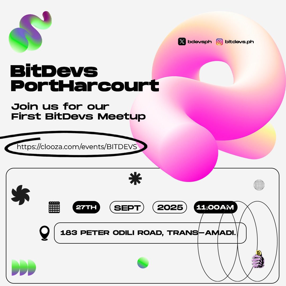 BDevsph's tweet image. Big news, PH! 🌍💡
The first-ever BitDevs Port Harcourt Meetup is happening!
📌 Bitcoin, tech, and good vibes only.
Don’t miss out → clooza.com/events/BITDEVS