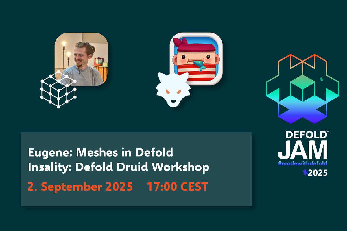 pawel_developer's tweet photo. #MadeWithDefoldJam continues!

Join us today at 17:00 CEST online for free workshops on Meshes and GUI in games!

1. @Eugene will show us how to tame Meshes to make e.g. water, cutted out pieces and so on!
2. @insalitygames will teach us how to make useful and pretty GUIs https://t.co/ydMj6KDWHT