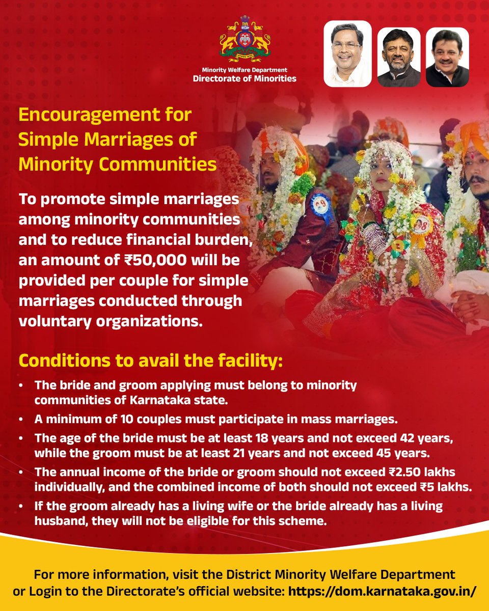 ಸರಳ ವಿವಾಹಕ್ಕೆ ಉತ್ತೇಜನ ನೀಡುವುದರ ಜೊತೆಗೆ ಆರ್ಥಿಕ ಹೊರೆಯನ್ನು ತಗ್ಗಿಸಬೇಕೆಂಬ ಉದ್ದೇಶದಿಂದ ಸ್ವಯಂ ಸೇವಾ ಸಂಸ್ಥೆಗಳ ಮೂಲಕ ನಡೆಯುವ ಸರಳ ವಿವಾಹಕ್ಕೆ ಅಲ್ಪಸಂಖ್ಯಾತ ಸಮುದಾಯದ ಪ್ರತಿ ಜೋಡಿಗೆ ರೂ. 50 ಸಾವಿರ ನೀಡಲಾಗುವುದು.
