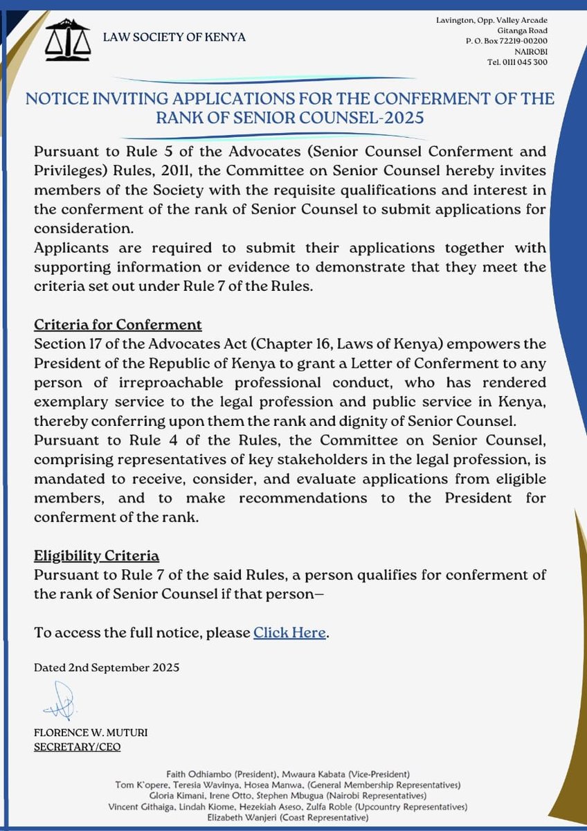 The Committee on Senior Counsel hereby invites all qualified persons desirous of conferment of the rank of Senior Counsel to submit their Applications.

The full memo and link for submission of applications can be accessed below.
lsk.us21.list-manage.com/track/click?u=…

<a href="/LawSocietyofKe/">Law Society of Kenya</a>