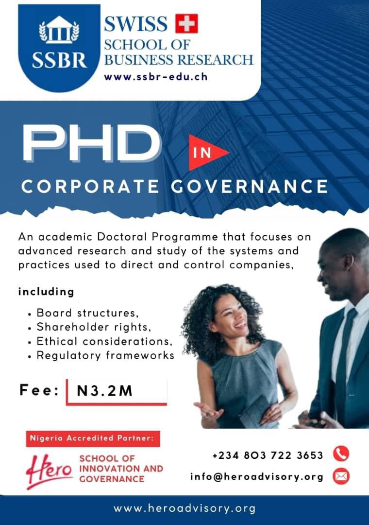 Rosie the first😉❤️ (@rosemary_uzor) on Twitter photo 🎓 Earn a PhD in Corporate Governance with the Swiss School of Business Research (SSBR) 🇨🇭
📌 Focus: Board structures | Shareholder rights | Ethics | Regulations
💰 Fee: N3.2M
📞 +234 803 722 3653 | ✉️ info@heroadvisory.org
🌐 heroadvisory.org
#PhD #TREASURE #Cooperative 🎓 Earn a PhD in Corporate Governance with the Swiss School of Business Research (SSBR) 🇨🇭
📌 Focus: Board structures | Shareholder rights | Ethics | Regulations
💰 Fee: N3.2M
📞 +234 803 722 3653 | ✉️ info@heroadvisory.org
🌐 heroadvisory.org
#PhD #TREASURE #Cooperative