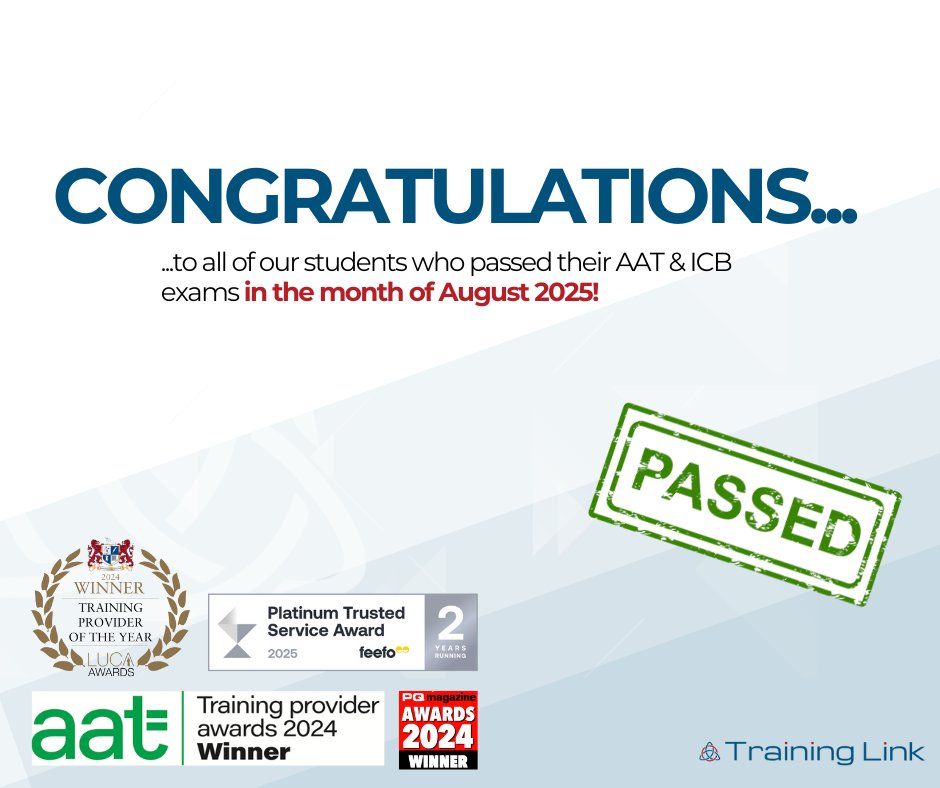 Congratulations to each of our 258 Training Link students who passed their ICB and AAT exams in August!

A HUGE well done to our students for excelling in their exams!!! 🥇👌

#Accounting #Bookkeeping #DistanceLearning #AAT #ICB