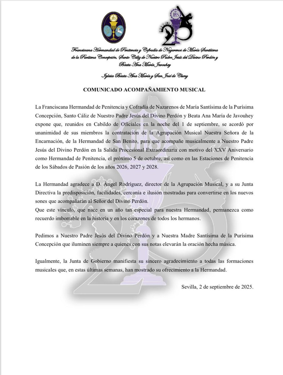 🔴 OFICIAL

🎺 La <a href="/AMENcarnacion_/">AMENcarnación</a> acompañará musicalmente a la <a href="/HdaDivinoPerdon/">Hermandad del Divino Perdón</a> los Sábados de Pasión de 2026, 2027 y 2028, y en la salida extraordinaria del próximo 5 de octubre.

📲 #LaPasionNoAcaba