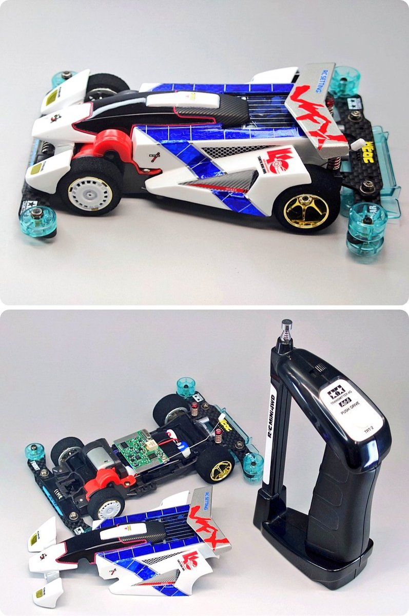 #ミニ四駆トンデモ加工品評会
極小太陽電池パネルを補助電源とし、更にラジ四駆受信機を積み込みスロットル制御可能にしたロマン機構

私の最後のミニ四駆コンデレ参加マシンです(未受賞😇)