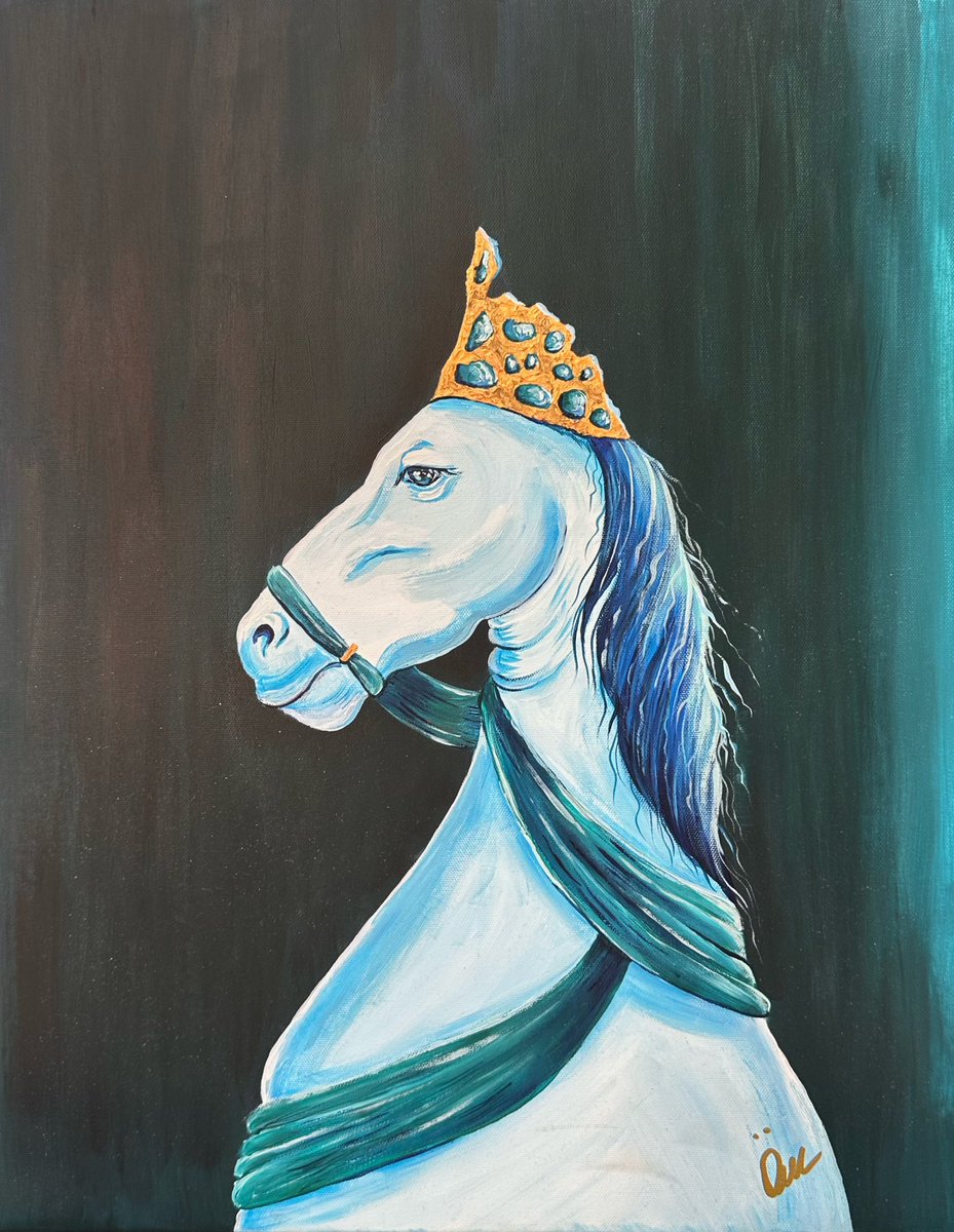 The King Horse
New OE on <a href="/SkurpySocial/">Skurpy</a> 
3 xtz

This painting is not just a horse’s portrait, but a reflection of power bound by beauty and restraint. The golden crown symbolizes dignity, while emerald ribbons whisper of invisible ties every ruler must bear. Its calm gaze holds