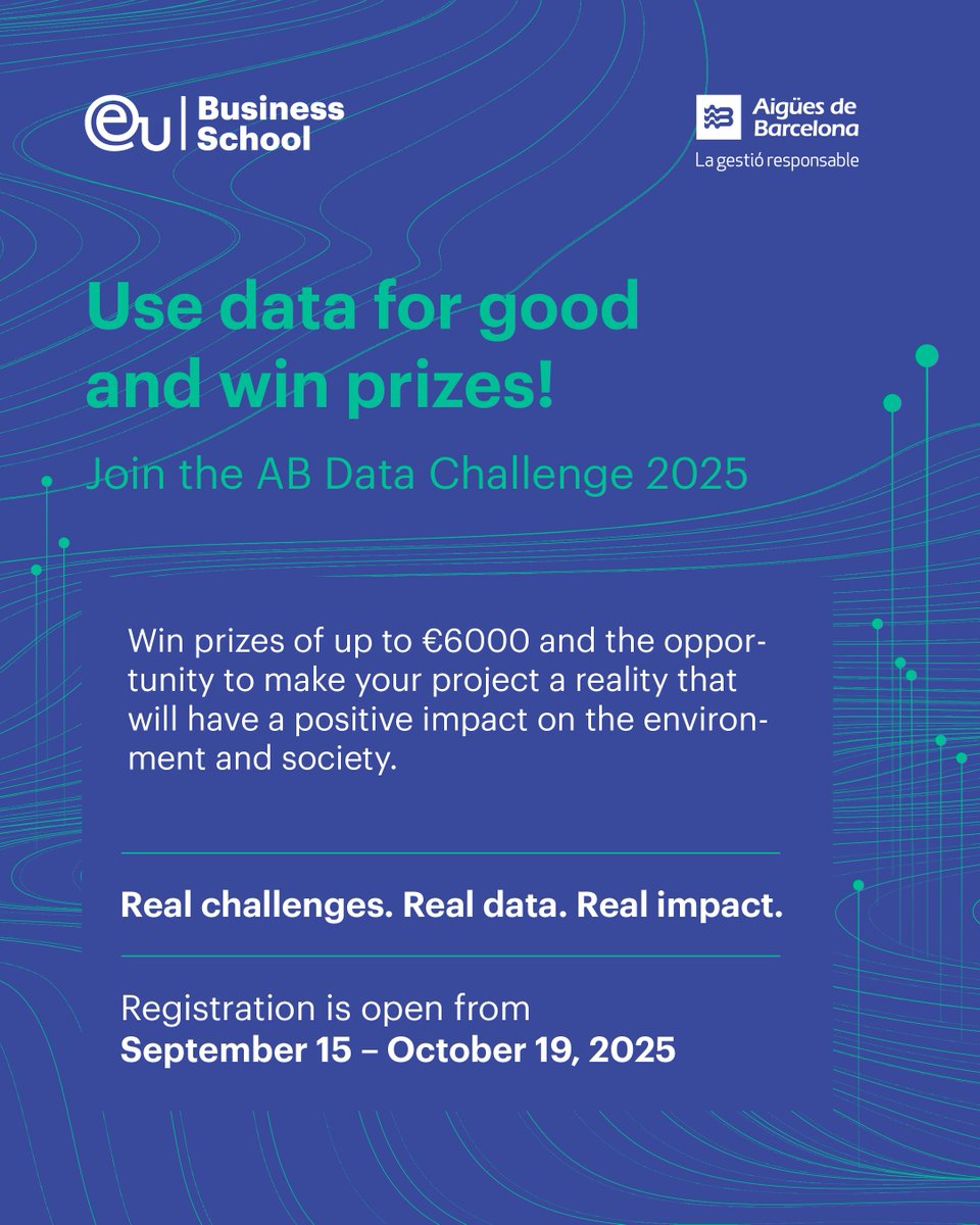 📣 EU Barcelona students! Apply your skills to real sustainability and urban challenges in the AB Data Challenge 2025. 

Win prizes of up to €6000, access mentoring and networking opportunities and make a real impact. 

Sign up at 👉 abdatachallenge.cat/en/home-en/