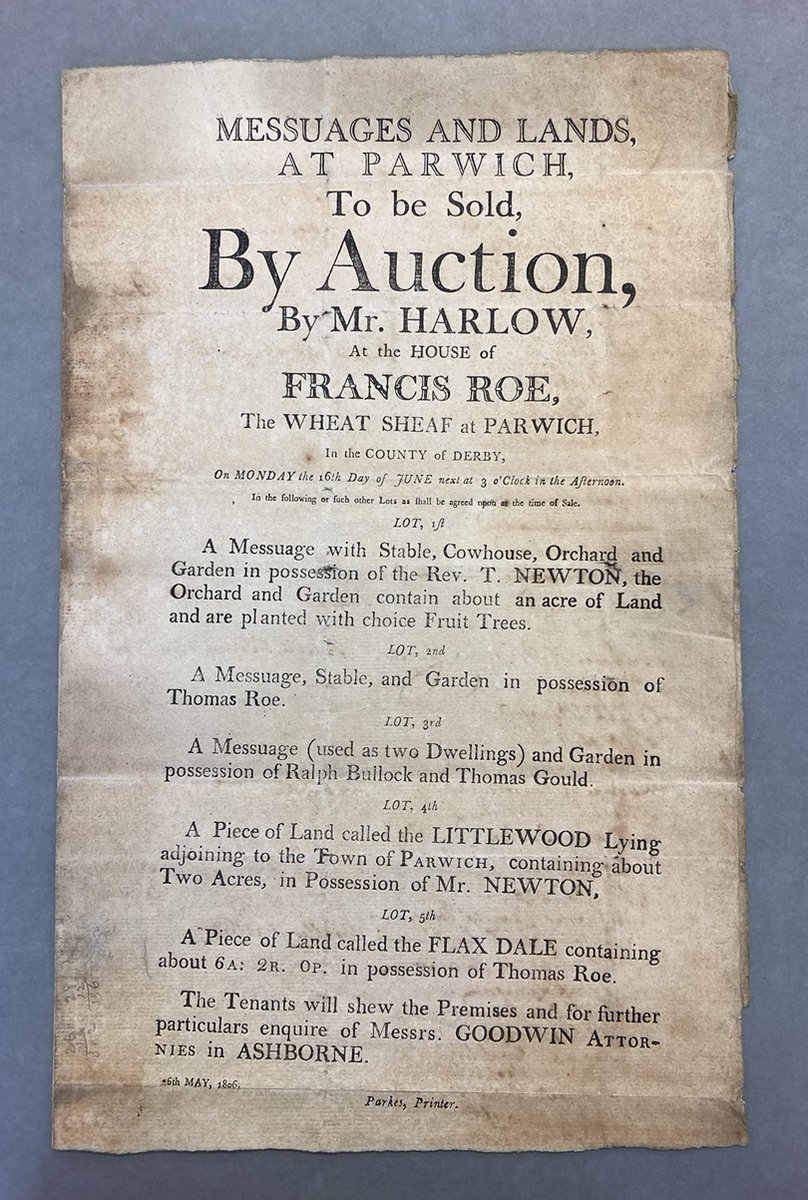 DerbyshireDRO's tweet image. Our #ArchiveOfTheWeek is D614, an 1806 Parwich sale catalogue. Sale catalogues are full of treats for the historian, with plenty of social, economic and topographical titbits. This one includes a list of freeholders and leaseholders.