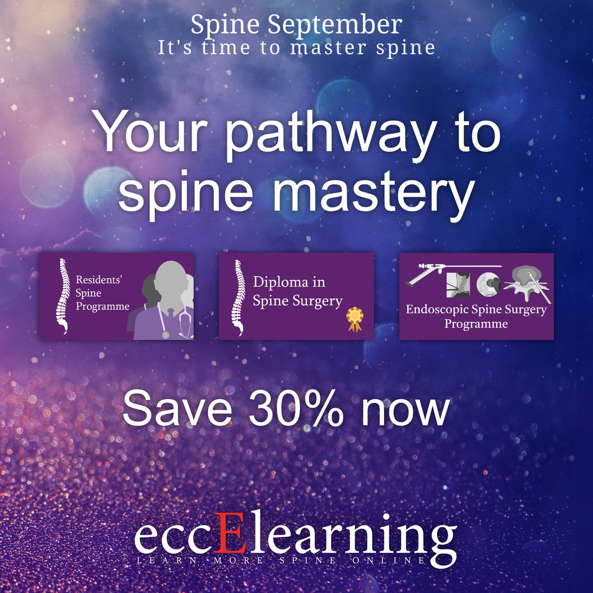 For surgeons, fellows and residents, your pathway to spine mastery is available for 30% off during Spine September.
👉Find out more:  eccelearning.com/spine-septembe…

#endoscopicspinesurgery #surgicalresident #SpineSurgeons #SpineSurgery #medicaleducation #spinesurgeon