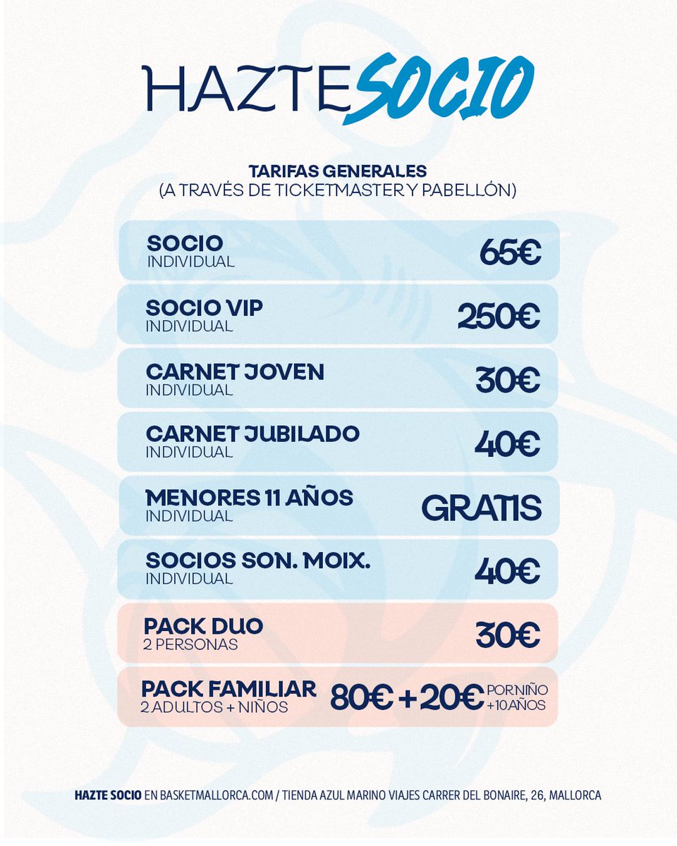 Nos espera una emocionante temporada, ¡y lo queremos hacer con todxs vosotrxs!

Hasta 7 tipos de abono para poder disfrutar del mejor baloncesto femenino en Mallorca.

 Únete a la familia del #TeamBurón para poder vivir este viaje.

¡Consigue el tuyo!