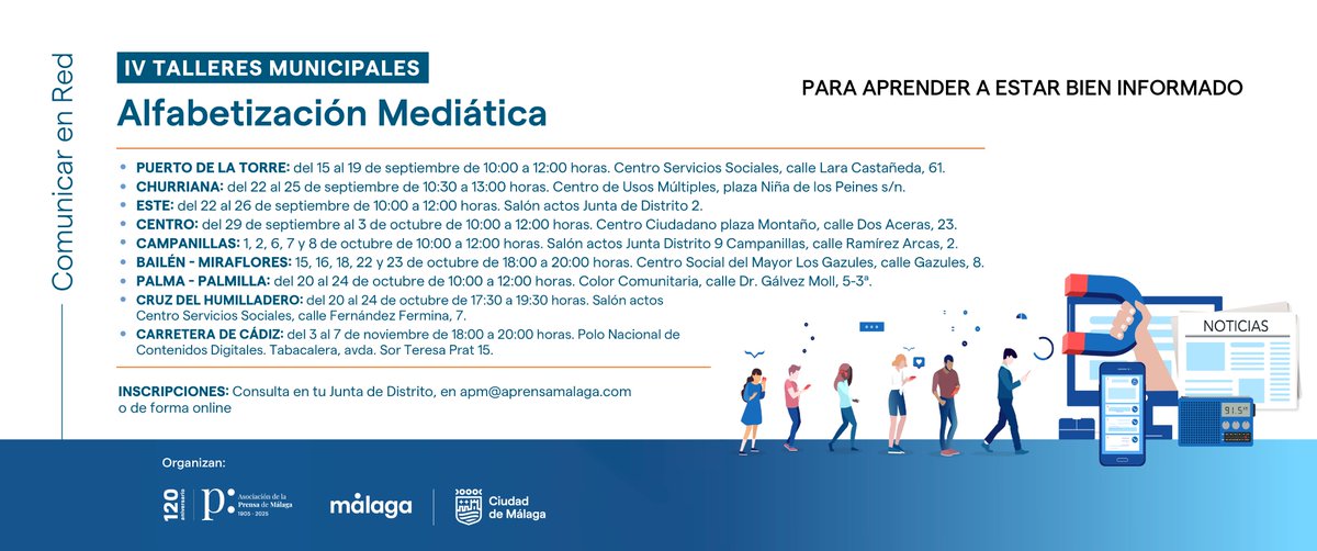 Se abre el plazo de inscripción para los IV Talleres municipales de #Alfabetización Mediática. Sesiones gratuitas para 🔎bulos y #fakenews incluyendo IA en 9️⃣ distritos de Málaga.
💪 Organizan <a href="/aprensamalaga/">Asociación de la Prensa de Málaga</a>  y <a href="/malaga/">Ciudad de Málaga</a> 
tinyurl.com/249ykxmf
✒️ Apúntate! tinyurl.com/23z3oq6n