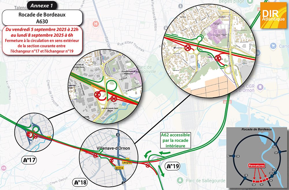 Les travaux de finition et de réalisation de la couche de roulement, nécessitent la fermeture de la rocade extérieure entre les échangeurs 17 (Chanteloiseau) et 19 (A62) du vendredi 5 septembre à 22h au lundi 8 septembre à 6h :
…antique.developpement-durable.gouv.fr/gironde-amenag…