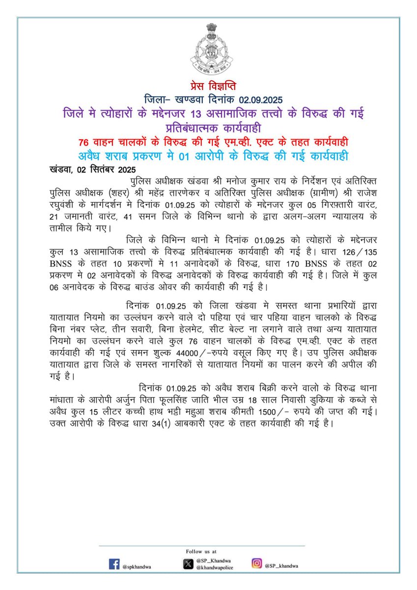 SP_Khandwa (@khandwasp) on Twitter photo खण्डवा पुलिस की अवैध गतिविधियों के विरुद्ध कार्यवाही लगातार जारी...
#mppolice
<a href="/mohdept/">Home Department, MP</a>
<a href="/MPPoliceDeptt/">Madhya Pradesh Police</a>
<a href="/JansamparkMP/">Jansampark MP</a>
<a href="/DGP_MP/">DGP MP</a>
<a href="/IGP_INDORE/">IG INDORE (RURAL)</a>
<a href="/Digkhargone23/">DIG KHARGONE</a>
<a href="/projskhandwa/">PRO JS Khandwa</a> खण्डवा पुलिस की अवैध गतिविधियों के विरुद्ध कार्यवाही लगातार जारी...
#mppolice
<a href="/mohdept/">Home Department, MP</a>
<a href="/MPPoliceDeptt/">Madhya Pradesh Police</a>
<a href="/JansamparkMP/">Jansampark MP</a>
<a href="/DGP_MP/">DGP MP</a>
<a href="/IGP_INDORE/">IG INDORE (RURAL)</a>
<a href="/Digkhargone23/">DIG KHARGONE</a>
<a href="/projskhandwa/">PRO JS Khandwa</a>