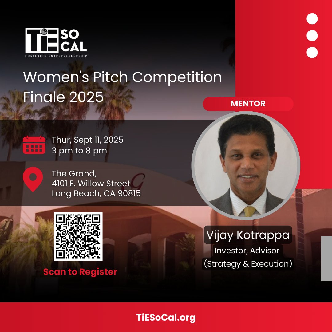 A heartfelt thank you to Vijay Kotrappa, for generously volunteering his time and expertise as a mentor for the TiE SoCal Women’s Pitch Competition!

Thur, Sept 11th | 3:00 PM – 8:00 PM | The Grand, 4101 E. Willow Street, Long Beach, CA 90815

#ThankYou #TiESoCalWomen
