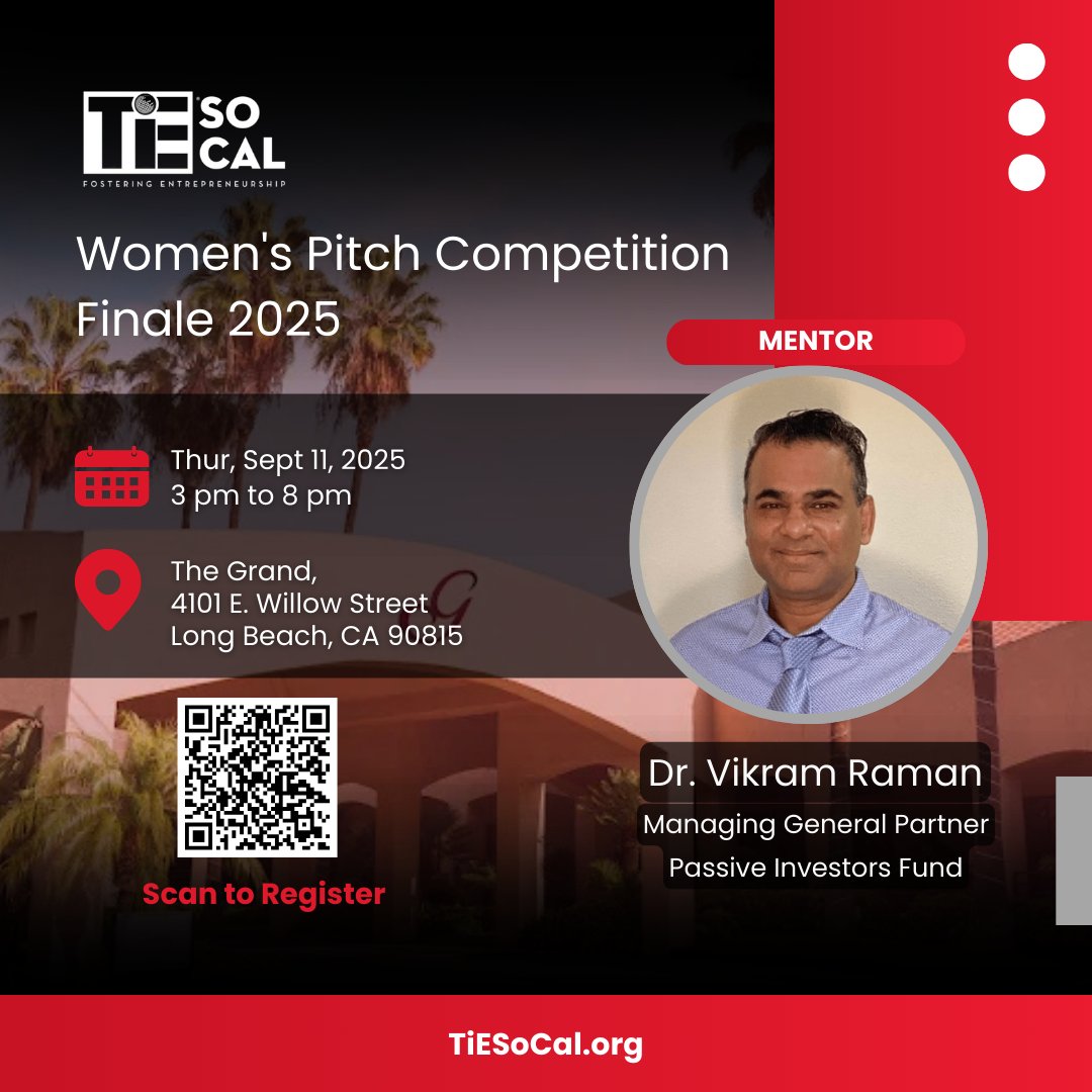 A heartfelt thank you to Dr. Vikram Raman, for generously volunteering his time and expertise as a mentor for the TiE SoCal Women’s Pitch Competition!

Thur, Sept 11th | 3:00 PM – 8:00 PM | The Grand, 4101 E. Willow Street, Long Beach, CA 90815    

#ThankYou #TiESoCalWomen