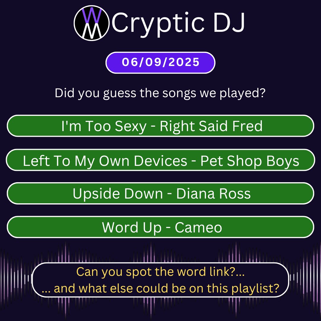 Cryptic DJ (@thecrypticdj) on Twitter photo Here's yesterday's challenge.... did you guess the songs and spot the link?
Play today's at crypticdj.com
No ads, no login, no install... just play
…and watch the TV show at...
youtube.com/@CrypticDJTV
#onlyconnect #NYTimesConnections #Connections
<a href="/AllThingsQuiz/">All Things Quiz</a> Here's yesterday's challenge.... did you guess the songs and spot the link?
Play today's at crypticdj.com
No ads, no login, no install... just play
…and watch the TV show at...
youtube.com/@CrypticDJTV
#onlyconnect #NYTimesConnections #Connections
<a href="/AllThingsQuiz/">All Things Quiz</a>