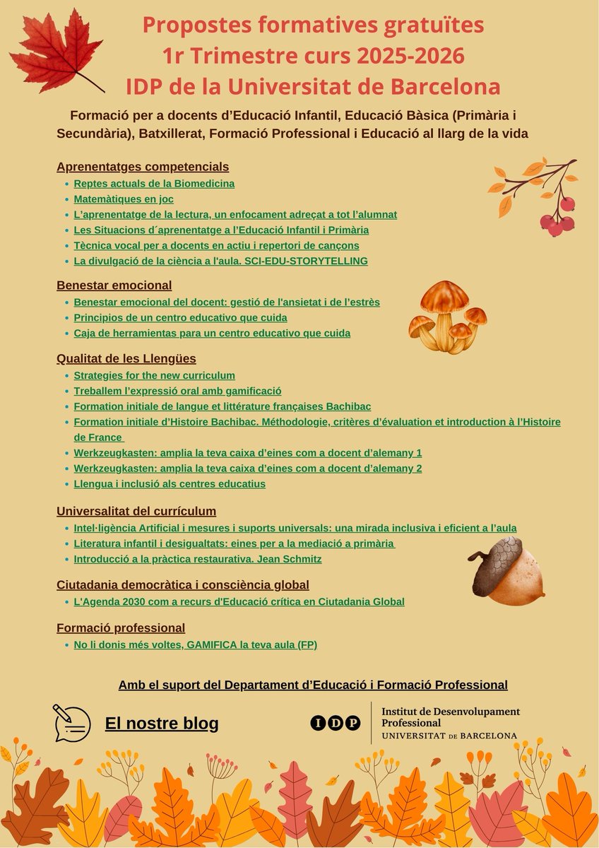 Comencem un nou curs amb molta il·lusió i ganes d’aprendre i compartir  coneixements. Us  presentem la nostra oferta formativa perquè pugueu continuar creixent, descobrint i gaudint.
ub.edu/idp-educacio/2… <a href="/educaciocat/">Educació</a>  <a href="/xtec/">XTEC</a> <a href="/consorciedubcn/">Consorci d'Educació</a>