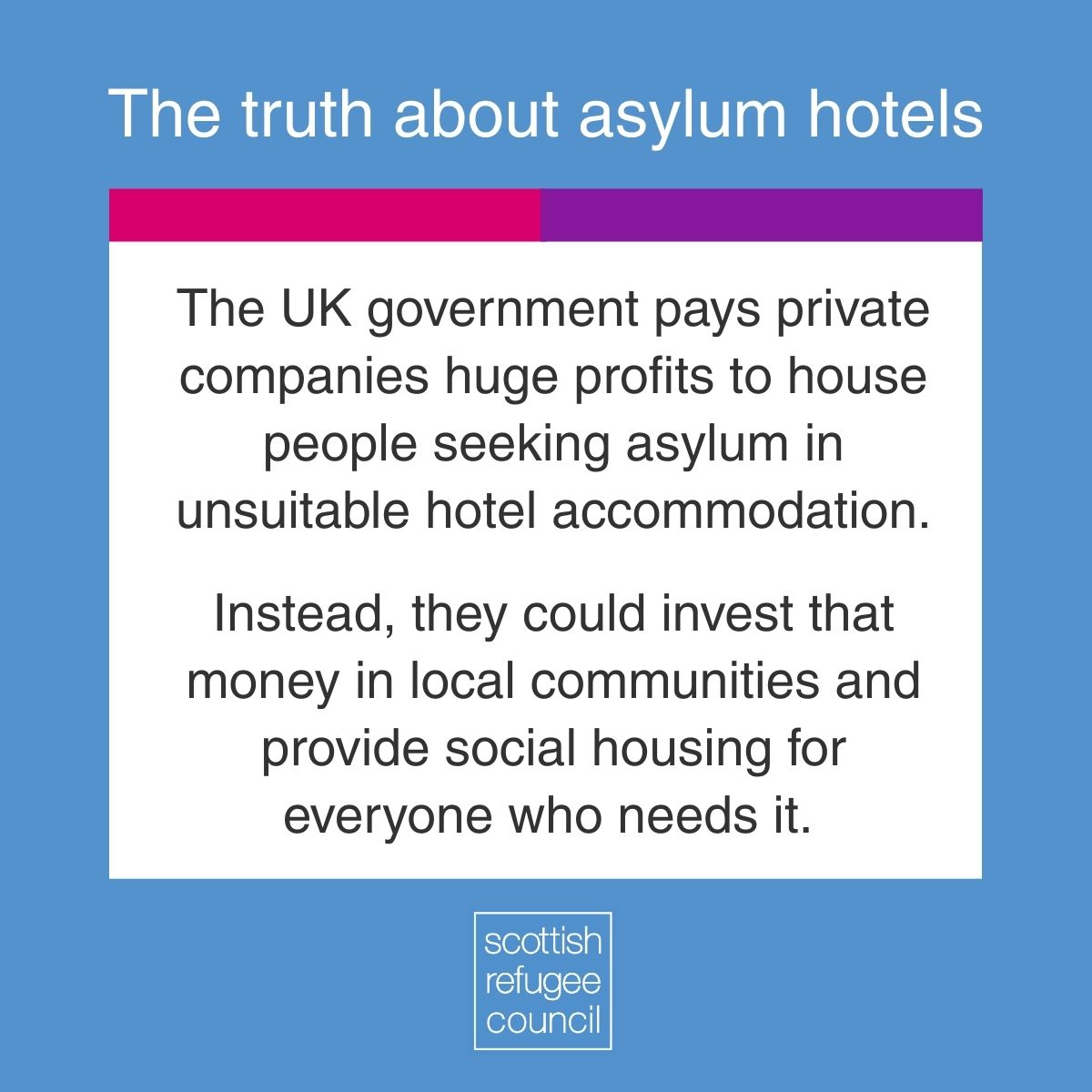 Some politicians are using lies about asylum hotels to stir up fear and division in our communities.

The truth is, we all deserve to be safe and to feel like we belong.

#AyeWelcomeRefugees