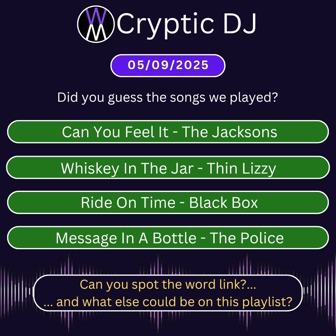 Cryptic DJ (@thecrypticdj) on Twitter photo Here's yesterday's challenge.... did you guess the songs and spot the link?
Play today's at crypticdj.com
No ads, no login, no install... just play
…and watch the TV show at...
youtube.com/@CrypticDJTV
#onlyconnect #NYTimesConnections #Connections
<a href="/richardosman/">Richard Osman</a> Here's yesterday's challenge.... did you guess the songs and spot the link?
Play today's at crypticdj.com
No ads, no login, no install... just play
…and watch the TV show at...
youtube.com/@CrypticDJTV
#onlyconnect #NYTimesConnections #Connections
<a href="/richardosman/">Richard Osman</a>