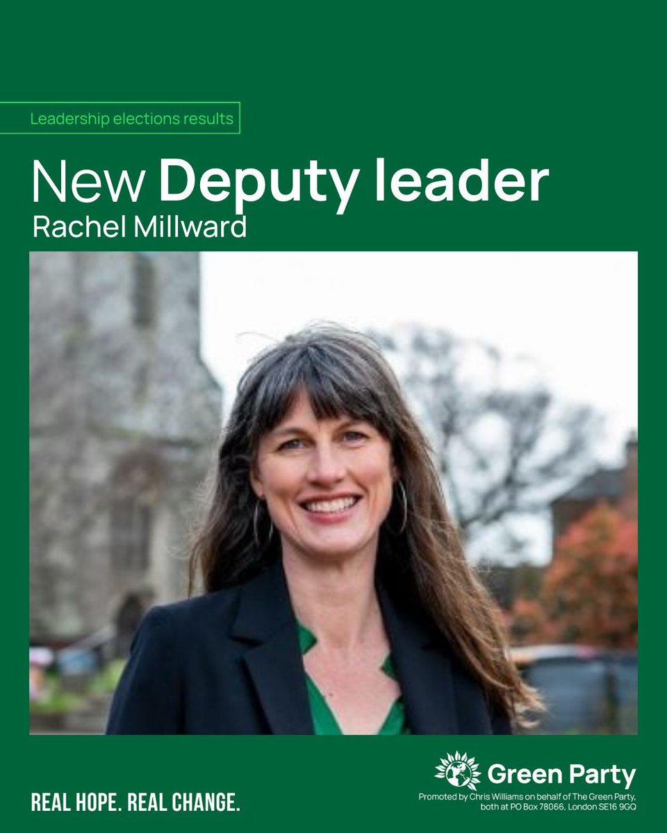 The Green Party (@thegreenparty) on Twitter photo Congratulations to the newly elected Deputy Leader of the Green Party of England & Wales, <a href="/rachelmillward/">Rachel Millward</a> Congratulations to the newly elected Deputy Leader of the Green Party of England & Wales, <a href="/rachelmillward/">Rachel Millward</a>