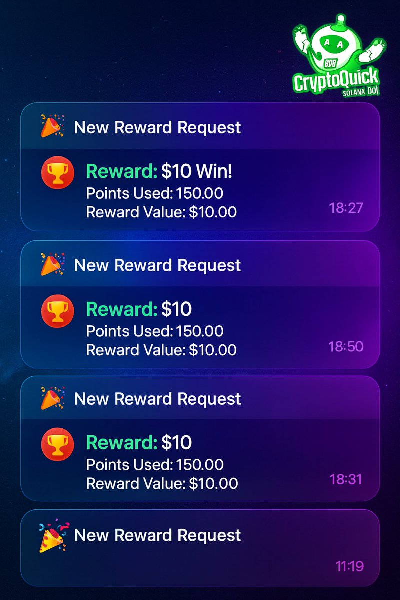 cryptoquickbot's tweet image. 🎉 Prizes Keep Rolling Out! 🎉

Users of our bot earn real rewards with their accumulated points:

150 points → $10 
375 points → $25 
750 points → $60
1500 points → $135
10000 points → $1000

📅 In recent weeks, many users have created their requests and received their…