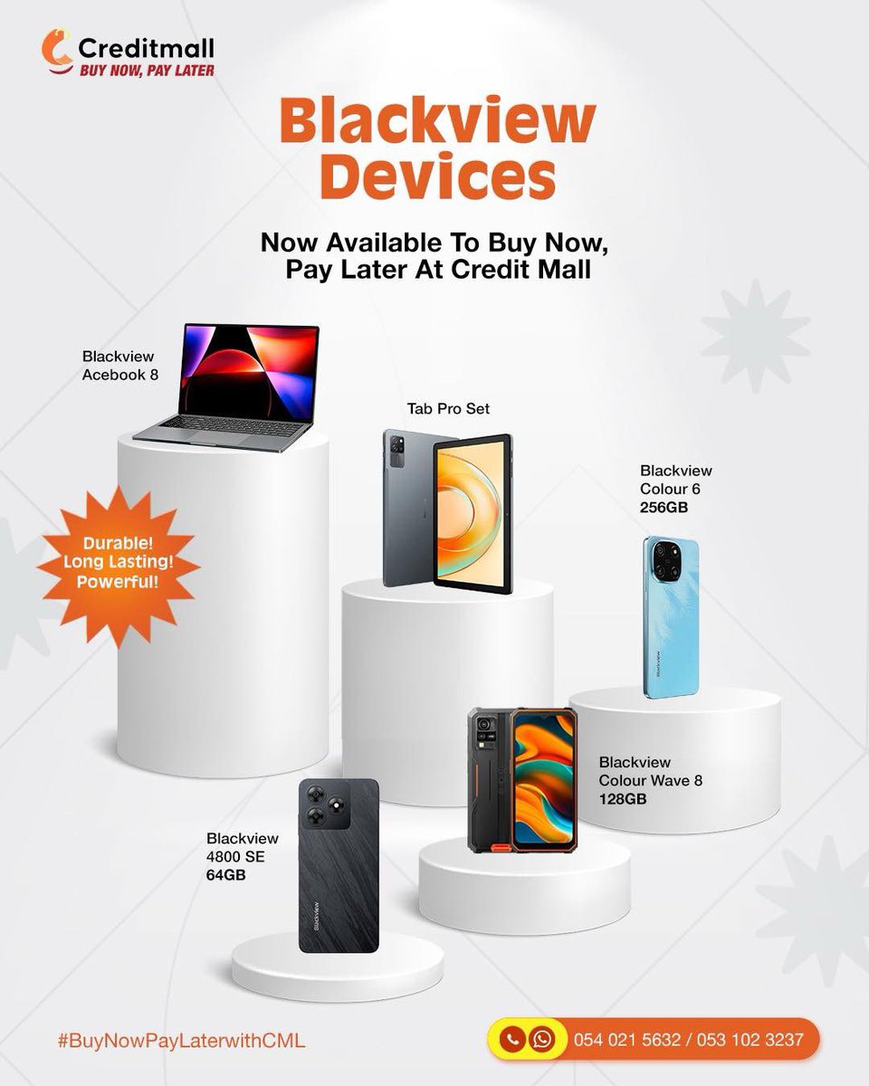 creditmallgh's tweet image. 🎊New Month, New Tech at CML! 💻

Get the NEW Blackview Devices: Phones, Tablets &amp;amp; Laptops now, and pay over time your way in 3–36 easy installments. 

Contact us now 0540215632 / 0531023237 to shop at mega discounts right on time for #backtoschool prep 📚

#techupgrades #bnpl