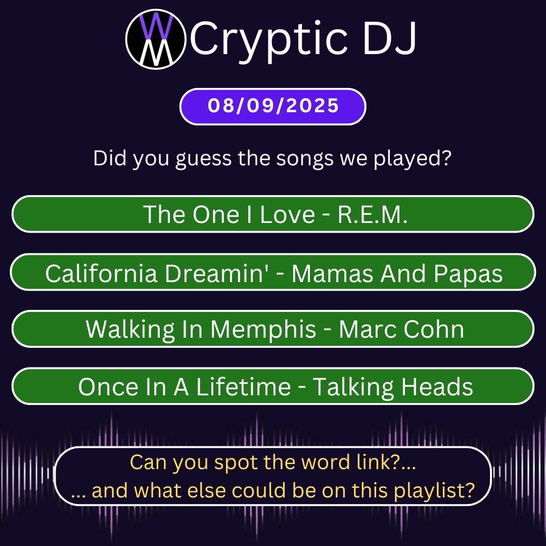 Cryptic DJ (@thecrypticdj) on Twitter photo Here's yesterday's challenge.... did you guess the songs and spot the link?
Play today's at crypticdj.com
No ads, no login, no install... just play
โฆand watch the TV show at...
youtube.com/@CrypticDJTV
#onlyconnect #NYTimesConnections #Connections
<a href="/susie_dent/">Susie Dent</a> Here's yesterday's challenge.... did you guess the songs and spot the link?
Play today's at crypticdj.com
No ads, no login, no install... just play
โฆand watch the TV show at...
youtube.com/@CrypticDJTV
#onlyconnect #NYTimesConnections #Connections
<a href="/susie_dent/">Susie Dent</a>
