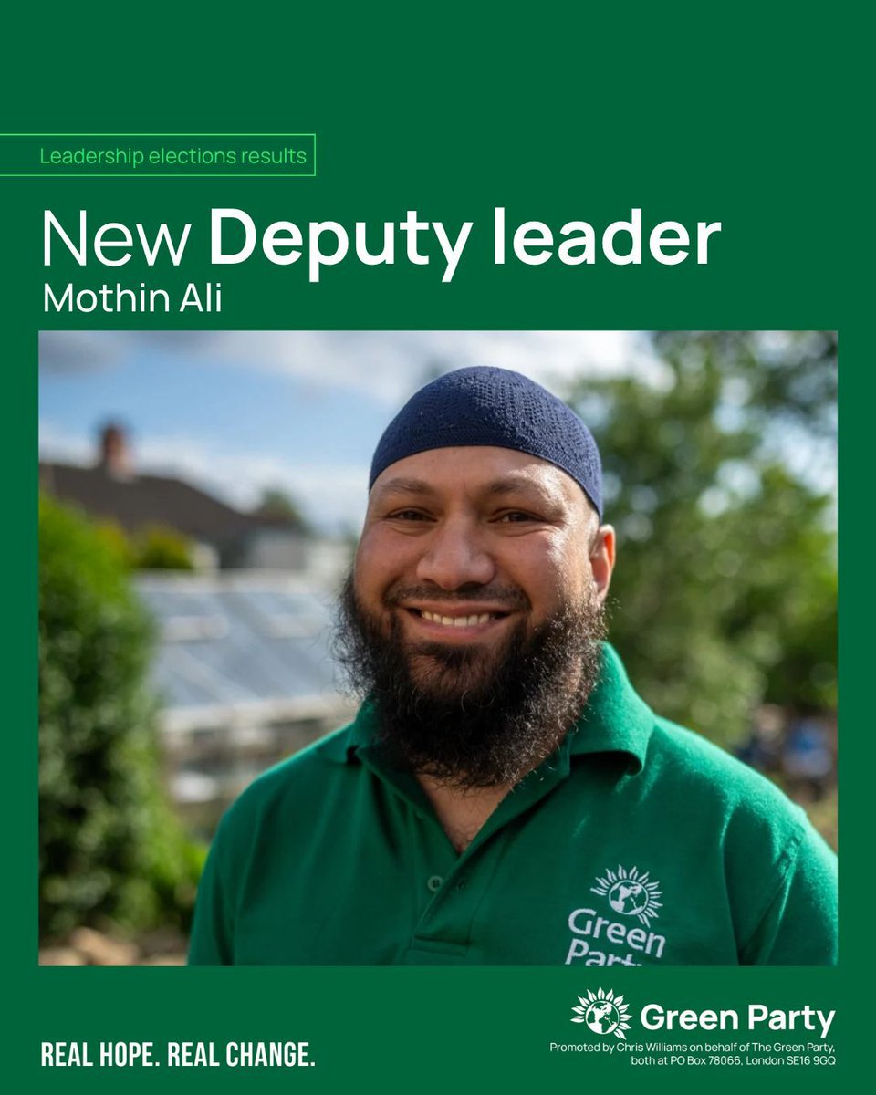 The Green Party (@thegreenparty) on Twitter photo Congratulations to the newly elected Deputy Leader of the Green Party of England & Wales, <a href="/MothinAli/">Mothin Ali</a> Congratulations to the newly elected Deputy Leader of the Green Party of England & Wales, <a href="/MothinAli/">Mothin Ali</a>