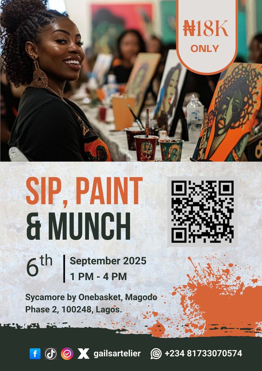 Helloooooooo, Sip Munch Paint is here! Saturday Sept 6th. Good vibes + art + food. Get your ticket today: flutterwave.com/pay/sipmunchpa…