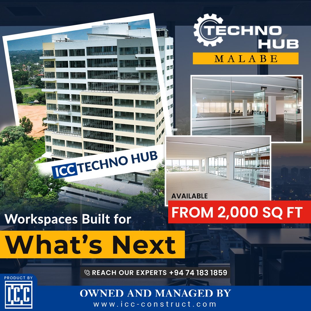iccsrilankaLK's tweet image. Future-fit facilities at ICC Techno Hub give your business the space and infrastructure to stay ahead, starting from 2,000 sq ft.

📞 +94 74 183 1859
🌐 icc-construct.com
.
.
.
#ICC #TechnoHub #SriLankaBusiness #WorkspaceSolutions #BusinessGrowth #FutureFit