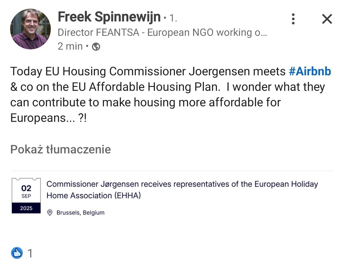 Jak ujawnił przewodniczący europejskiej federacji ngo <a href="/FEANTSA/">FEANTSA</a>, do której należymy z polską federacją <a href="/Bezdomnosc_PL/">Bezdomnosc.pl</a>, dziś unijny komisarz ds. mieszkalnictwa spotyka się z AirBnb na temat unijnego Planu na rzecz Dostępnego Mieszkalnictwa.
❗Warto zaflagować, że najem