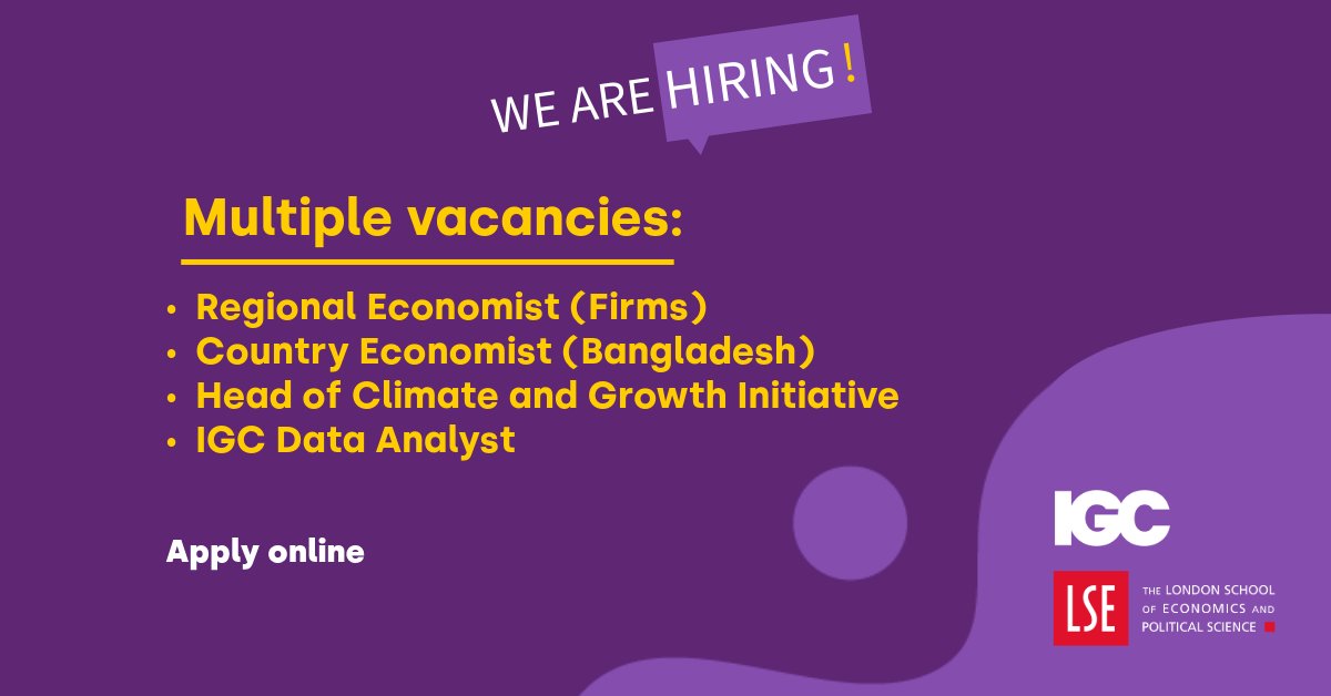 (1/4) We’re hiring! 🌍
The IGC is #recruiting for several exciting roles:

🔎Regional Economist (Firms):
 • Location: Ethiopia, Rwanda or Uganda
 • Fixed-term (17 months)
 • Focus: Firms, trade &amp; productivity; small &amp; growing businesses

 Apply: jobs.lse.ac.uk/Vacancies/W/36…