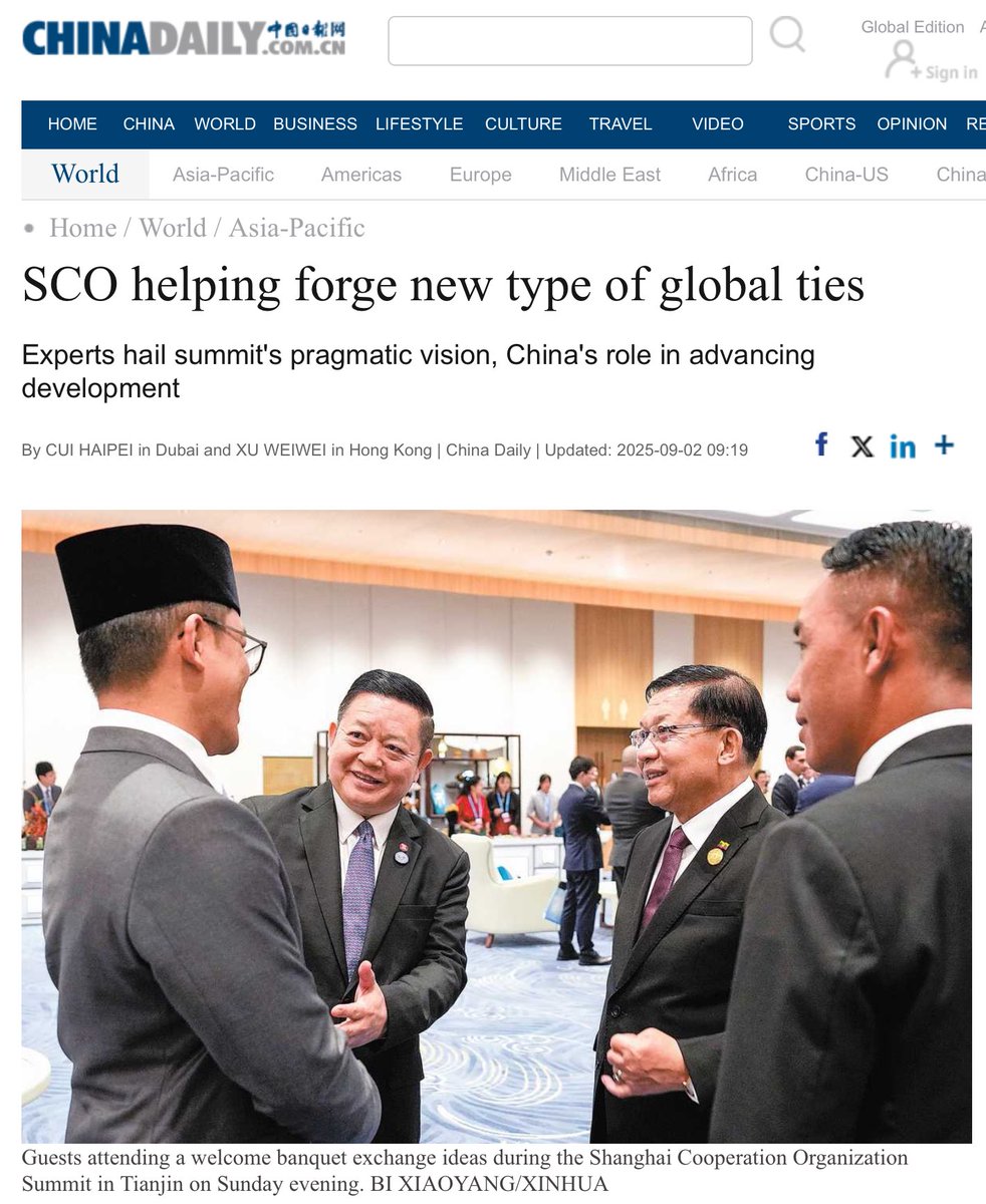 بعد ختام القمة التاريخية لمنظمة شنغهاي للتعاون، نشرت صحيفة <a href="/ChinaDaily/">China Daily</a> اليوم تقريرًا تضمن حديثي عن تقاطعات رؤية السعودية 2030 مع مفاهيم التنمية في المنظمة، مؤكداً أن الركائز المشتركة هي التنويع والتواصل والنمو المستدام، وأن المملكة جسر حيوي يربط المنظمة بالشرق الأوسط.