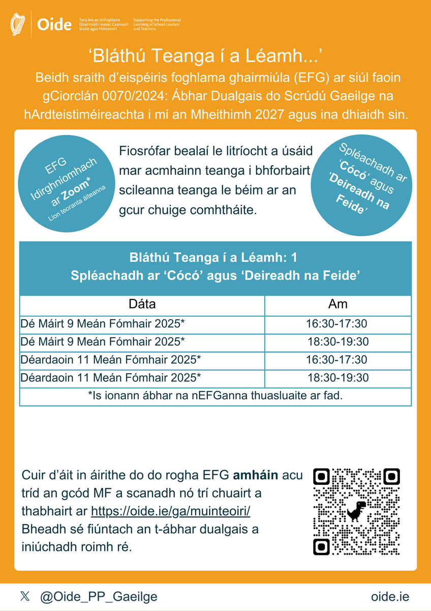 Cuirfimid tús le heispéiris foghlama gairmiúla na bliana leis an tsraith dar teideal Bláthú Teanga í a Léamh. Bí linn an tseachtain seo chugainn nuair a thabharfar spléachadh ar na téacsanna litríochta ‘Cócó’ agus ‘Deireadh na Feide’. Cláraigh ag oide.ie/ga/muinteoiri/