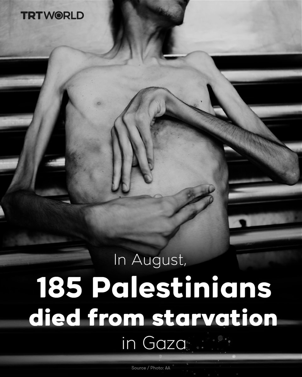 Palestinian Health Ministry in Gaza says 185 people, including 12 children, died of starvation in August, the highest monthly figure recorded since Israel's war on the enclave began nearly two years ago

🔗trt.world/cyrx
