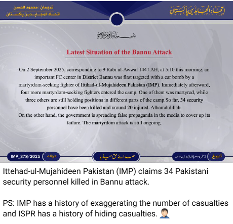 AdityaRajput_In's tweet image. BREAKING: Pakistan-based group Ittehad-ul-Mujahideen Pakistan (IMP) claims 34 security personnel killed in Bannu attack.
#BannuAttack #PakistanSecurity #TerrorWithin 
#IndiaKnows
t.me/IntelSage/39300