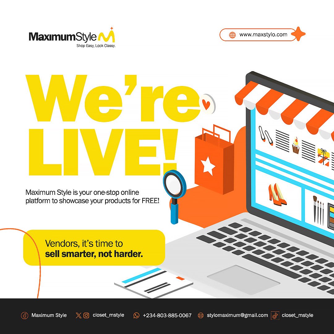 closet_mstyle's tweet image. We are LIVE! Maximum Style is your one-stop online platform to showcase your products for FREE! 

Vendors, it’s time to sell smarter, not harder. 💡

📲Contact us for more info at; 0803 885 0067
🌐Visit our website to register maxstylo.com 

#MaximumStyle #ShopNaija