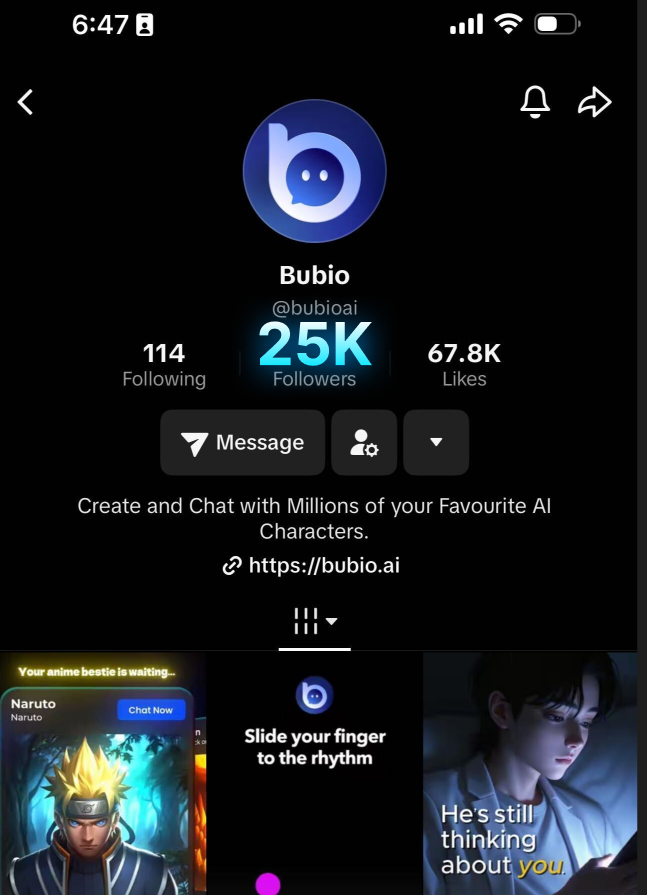 cmttat's tweet photo. 600 Followers → 25k in 6 days.

That’s @Bubioai on TikTok.

Some content worked, some didn’t, but we found our hook. (key is in trying and experimenting)

The chat platform is growing.
Next goal, 100K.

I believe the PMF for bubio market is in tiktok audience. Not going to stop pushing.

Everything comes back to @Imaginary_Ones’ ethos: Imagination.
