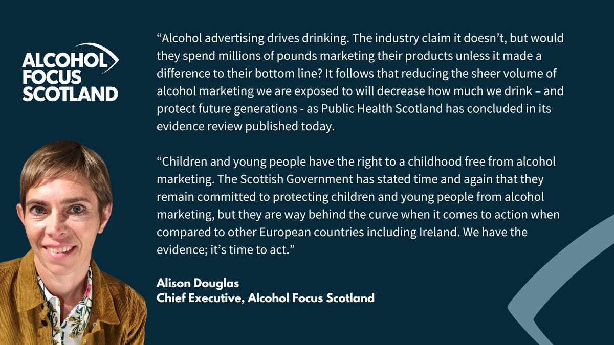 A new report published today by <a href="/P_H_S_Official/">Public Health Scotland</a> has concluded that: 

➡️#AlcoholMarketing &amp; #Advertising fuels drinking
➡️Marketing restrictions are effective &amp; cost effective ways to reduce how much we drink &amp; improve Scotland's health

It's time to act!

alcohol-focus-scotland.org.uk/news/news/new-…