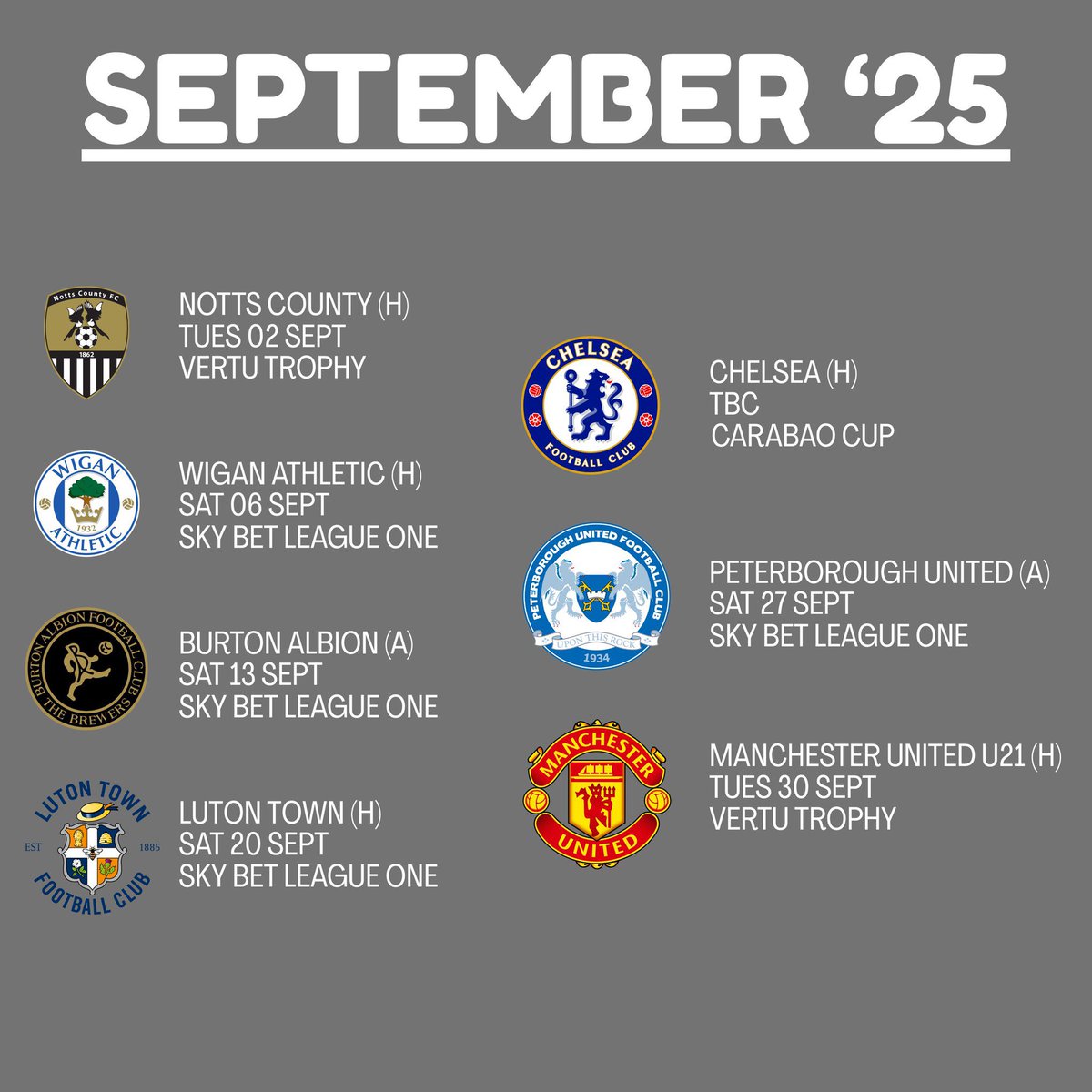 Our September fixtures 🫡

4️⃣ Sky Bet League One games 🔥

3️⃣ Cup matches 🏆

👀 Chelsea at Sincil Bank 🏡

How many points are you predicting from the four league fixtures? 🤔

#UTI