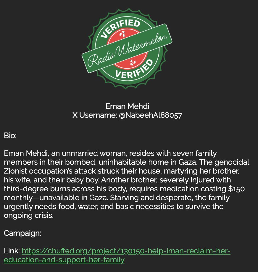 Welcome <a href="/NabeehAl88057/">Eman</a>!

#LifelineToGaza #DonateBoost      
Volunteer with me at #Viva t.ly/72UHv

Give my young sister Eman hope through your donations and support: chuffed.org/project/130150…