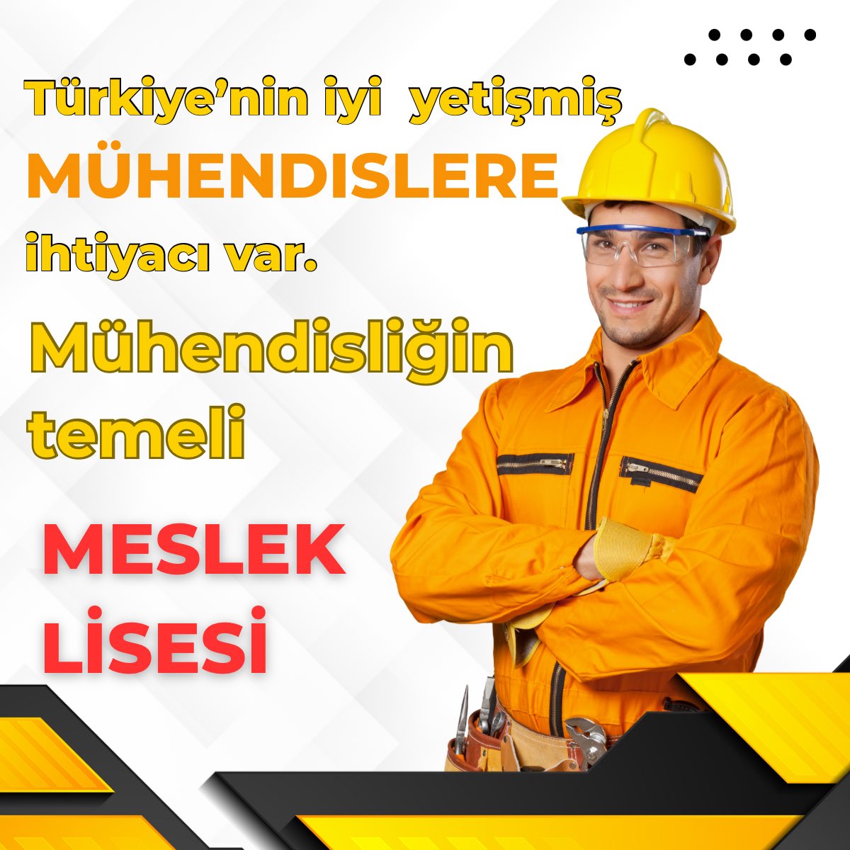 Her geçen gün hızla gelişen dünyada Türkiye’nin en büyük ihtiyacı, 𝐚𝐥𝐚𝐧ı𝐧𝐝𝐚 𝐲𝐞𝐭𝐤𝐢𝐧 𝐦𝐮̈𝐡𝐞𝐧𝐝𝐢𝐬𝐥𝐞𝐫𝐝𝐢𝐫.
Fakat bu yolculuk, üniversiteden değil; 𝐌𝐞𝐬𝐥𝐞𝐤 𝐋𝐢𝐬𝐞𝐬𝐢’𝐧𝐝𝐞𝐧 𝐛𝐚𝐬̧𝐥𝐚𝐫.

⚙️ Meslek liseleri;
🔹 Üretim kültürünü aşılar,
🔹 Sanayi ile