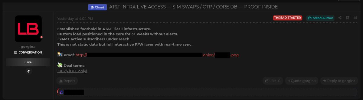 🚨 Breach alert: Attackers claim live access to AT&amp;T infrastructure. Alleged impact: enables SIM-swapping, reading SMS 2FA codes, and accessing a database with ~24M AT&amp;T customer records.